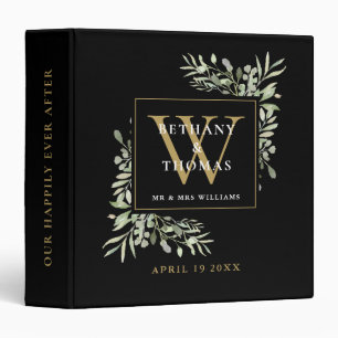 Gold Monogram Wedding Album Greenery Black Binder