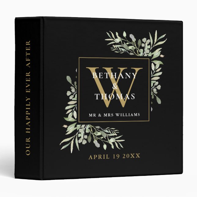 Gold Monogram Wedding Album Greenery Black Binder (Front/Spine)