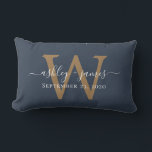 Gold Monogram Wedding Date Dark Blue Lumbar Pillow<br><div class="desc">Elegant wedding keepsake pillow features your names in white chic handwritten script calligraphy and your stylish gold monogram on a dark blue background. Simply add your names, monogram and wedding date. Great gift for a newlywed couple. Exclusively designed for you by Happy Dolphin Studio. If you need any help or...</div>