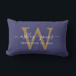 Gold Monogram Wedding Date Navy Blue Lumbar Pillow<br><div class="desc">Elegant wedding keepsake pillow features your names in white chic handwritten script calligraphy and your stylish gold monogram on a navy blue background. Simply add your names, monogram and wedding date. Great gift for a newlywed couple. Exclusively designed for you by Happy Dolphin Studio. If you need any help or...</div>
