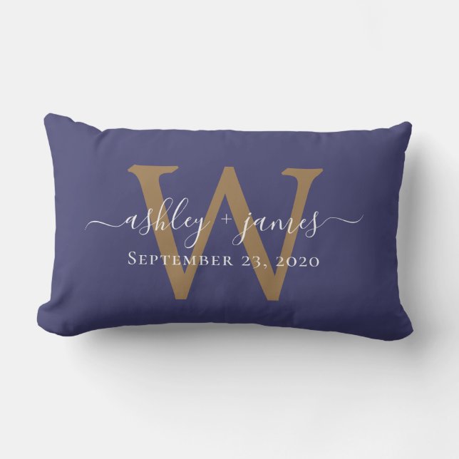 Gold Monogram Wedding Date Navy Blue Lumbar Pillow (Front)