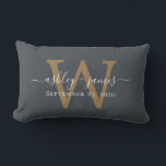 Gold Monogram Wedding Date Off-Black Lumbar Pillow<br><div class="desc">Elegant wedding keepsake pillow features your names in white chic handwritten script calligraphy and your stylish gold monogram on an off-black background. Simply add your names, monogram and wedding date. Great gift for a newlywed couple. Exclusively designed for you by Happy Dolphin Studio. If you need any help or matching...</div>