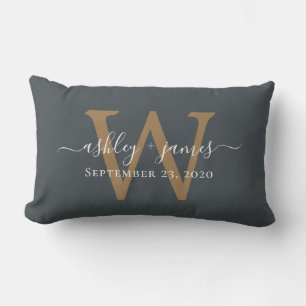 Gold Monogram Wedding Date Off-Black Lumbar Pillow