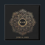 Gold Monogram Wedding Favour Boho Mandala Magnet<br><div class="desc">Custom, elegant gold boho wedding favour magnets- Elegant, bohemian style. Beautiful floral mandala that looks like gold foil on a black background. Monogrammed couple's initials in gold hue, are centred on a black and shiny gold effect circle. Customized wedding date printed below in gold colour. Note: All images are printed....</div>