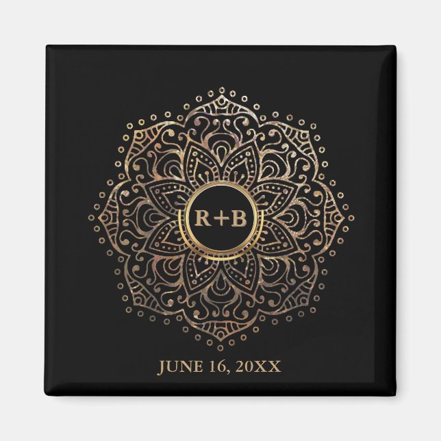 Gold Monogram Wedding Favour Boho Mandala Magnet (Front)