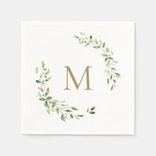 Gold Monogram Wedding Green leaves Crest  Napkin