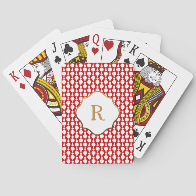 Gold Monogram White Circles on Red Retro Pattern Playing Cards (Back)
