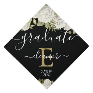 Gold Monogram White Floral Name Graduation Cap Topper