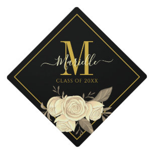 Gold Monogram White Florals Graduation Cap Topper