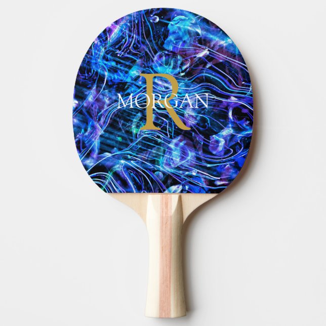 Gold Monogram & White Name Crystal Abstract Design Ping Pong Paddle (Front)
