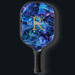 Gold Monogram & White Name Crystal Abstract Pickleball Paddle<br><div class="desc">Personalize with Gold Monogram and White Name on crystal abstract blue,  purple and black design.</div>