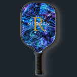 Gold Monogram & White Name Crystal Abstract Pickleball Paddle<br><div class="desc">Personalize with Gold Monogram and White Name on crystal abstract blue,  purple and black design.</div>