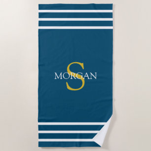 Gold Monogram/White Name White Stripes, Ocean Blue Beach Towel