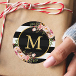 Gold Monogram with Black White Striped Floral Deco Classic Round Sticker<br><div class="desc">Gold Monogram with Black White Striped Floral Decor Sticker.
(1) For further customization,  please click the "customize further" link and use our design tool to modify this template. 
(2) If you need help or matching items,  please contact me.</div>