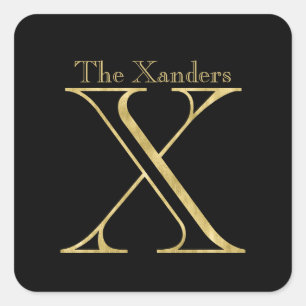 Gold Monogram X and Name on Any Colour Square Sticker