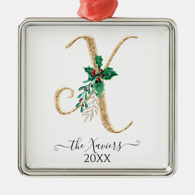Gold Monogram X Glitter Christmas Holly Foliage Metal Ornament (Front)