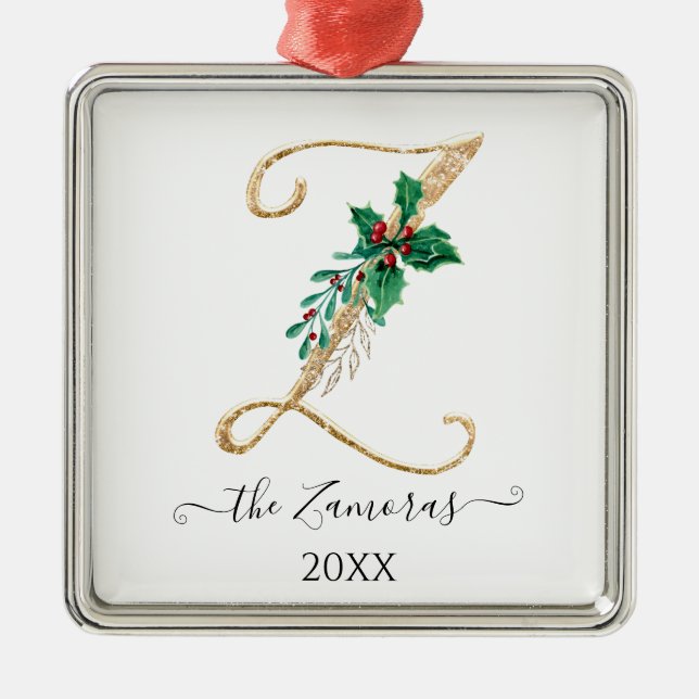 Gold Monogram Z Glitter Christmas Holly Foliage Metal Ornament (Front)