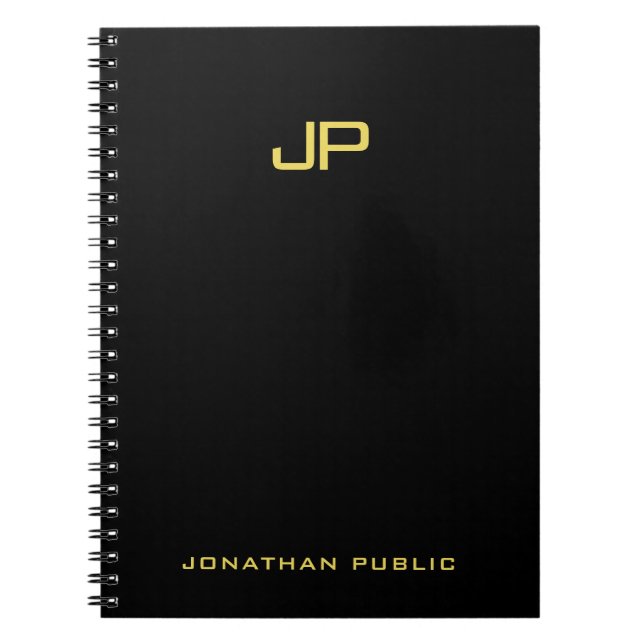 Gold Monogrammed Black Template Modern Elegant Notebook (Front)