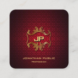 Gold Monogrammed Elegant Red Damask Professional Square Business Card