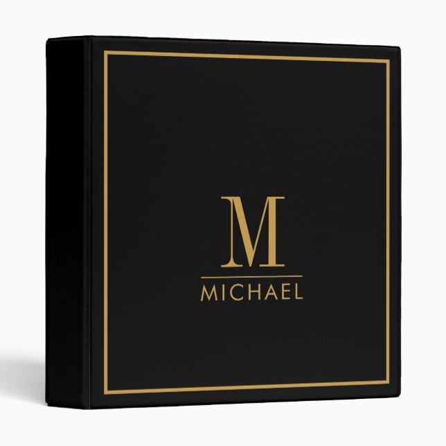 Gold Monogrammed Minimalist Modern Black Binder (Front/Spine)