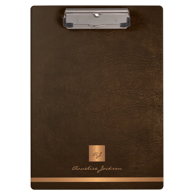 Gold monogrammed name script brown leather  clipboard (Front)