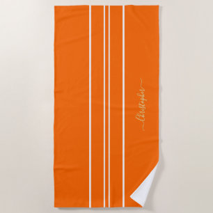 Gold Monogrammed Orange White Racing Stripes Pool Beach Towel