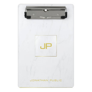 Gold Monogrammed White Marble Modern Elegant Mini Clipboard