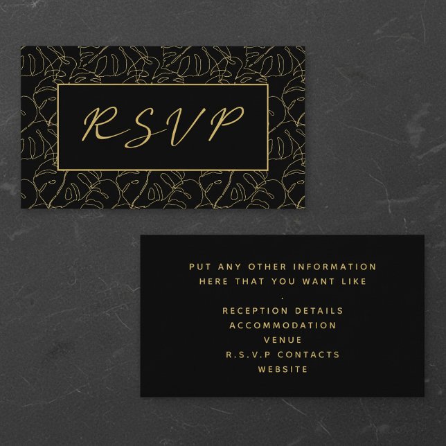 Gold monstera leaf, rsvp wedding enclosure  (Gold monstera leaf, rsvp wedding enclosure.)
