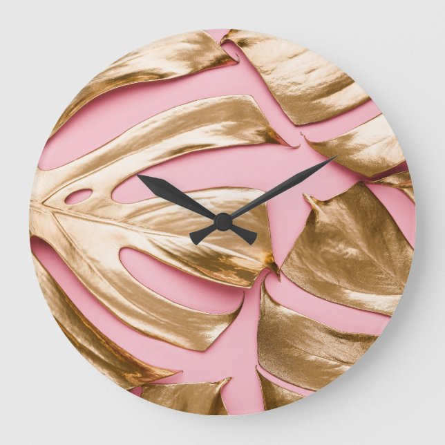 Gold Monstera Leaves: Pastel Pink. Large Clock (Front)