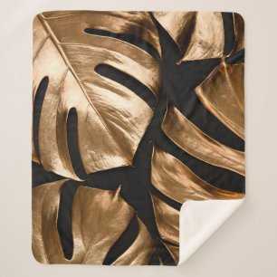 Gold monstera leaves pattern sherpa blanket