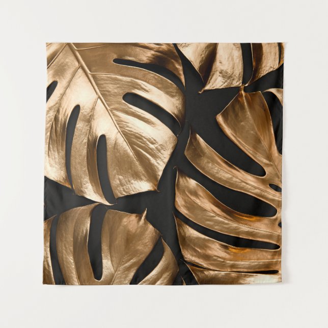 Gold monstera leaves pattern tapestry (Front)
