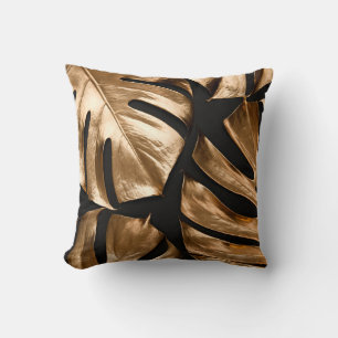 Gold monstera leaves pattern throw pillow