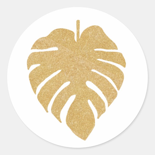 Gold Monstera Print Classic Round Sticker (Front)