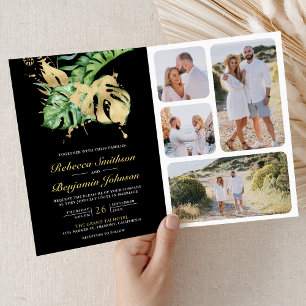Gold Monstera Tropical Palm Black QR Code Wedding Invitation