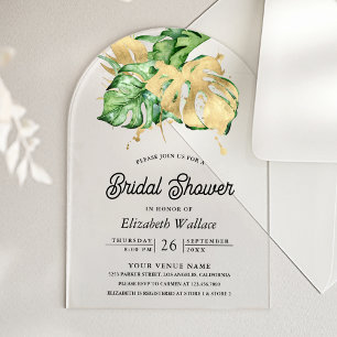 Gold Monstera Tropical Palm Bridal Shower Acrylic Invitations