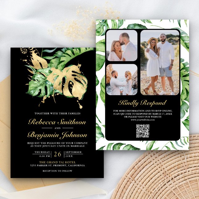 Gold Monstera Tropical Palm QR Code Black Wedding Invitation (Creator Uploaded)