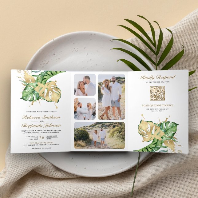 Gold Monstera Tropical Palm QR Code Wedding Tri-Fold Invitation (Creator Uploaded)