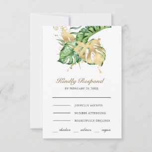 Gold Monstera Tropical Palm Wedding RSVP Card