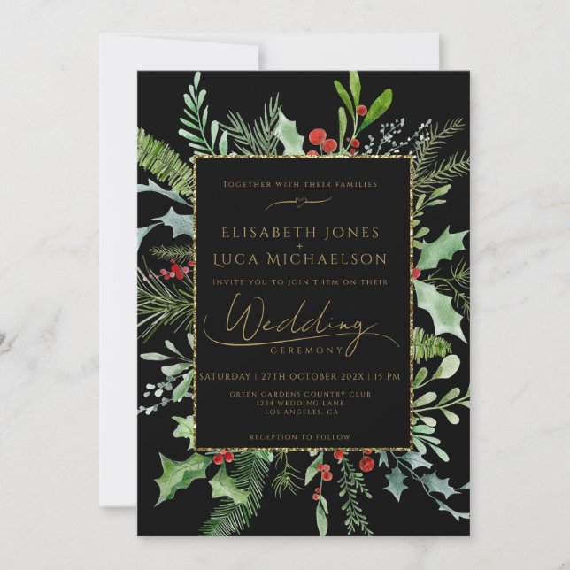 Gold Moody Winter Berry Botanical Monogram Wedding Invitation (Front)