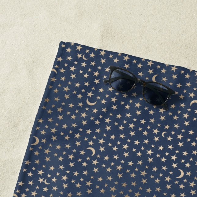 Gold Moon and Stars Night Sky Beach Towel (In Situ)