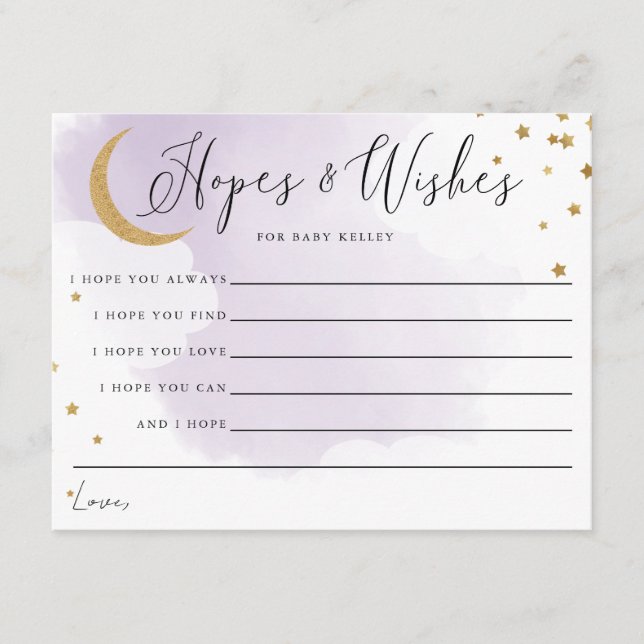 Gold Moon and Stars Purple Baby Shower Advice Card (Front)