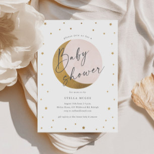 Gold Moon and Stars Script Girls Baby Shower Invitation