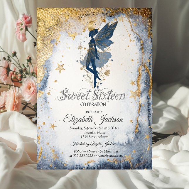 Gold Moon Girl Watercolor Gold Stars Sweet 16 Invitation (Creator Uploaded)