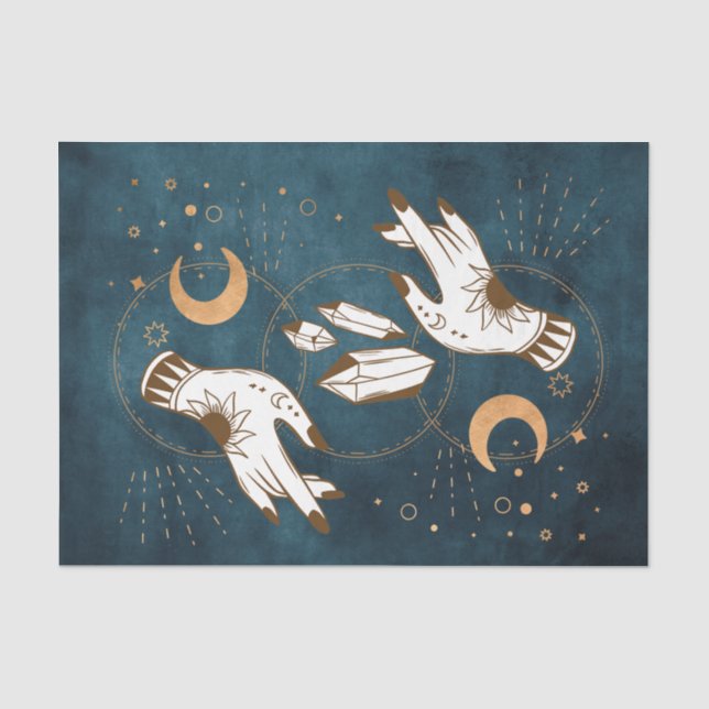 Gold moon phases crystals henna tattoo hands blue tissue paper (Front)