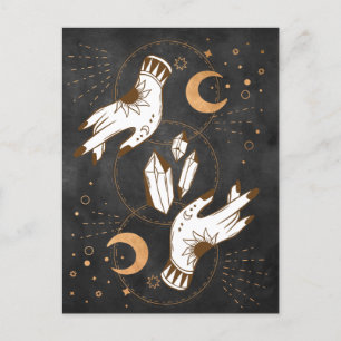 Gold moon phases crystals henna tattoo hands stars postcard