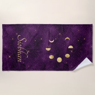 Gold Moon Phases Purple Stars Personalized Beach Towel