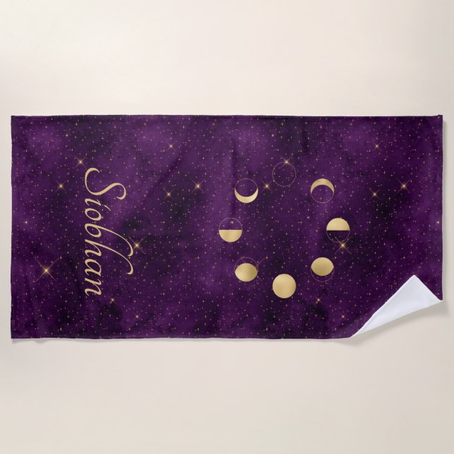 Gold Moon Phases Purple Stars Personalized Beach Towel (Front)
