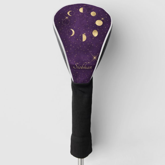 Gold Moon Phases Purple Stars Personalized Golf Head Cover (Front)