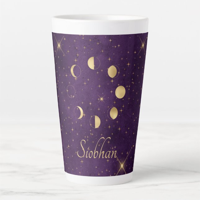 Gold Moon Phases Purple Stars Personalized Latte Mug (Front)
