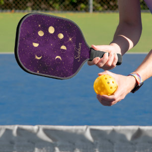 Gold Moon Phases Purple Stars Personalized Pickleball Paddle